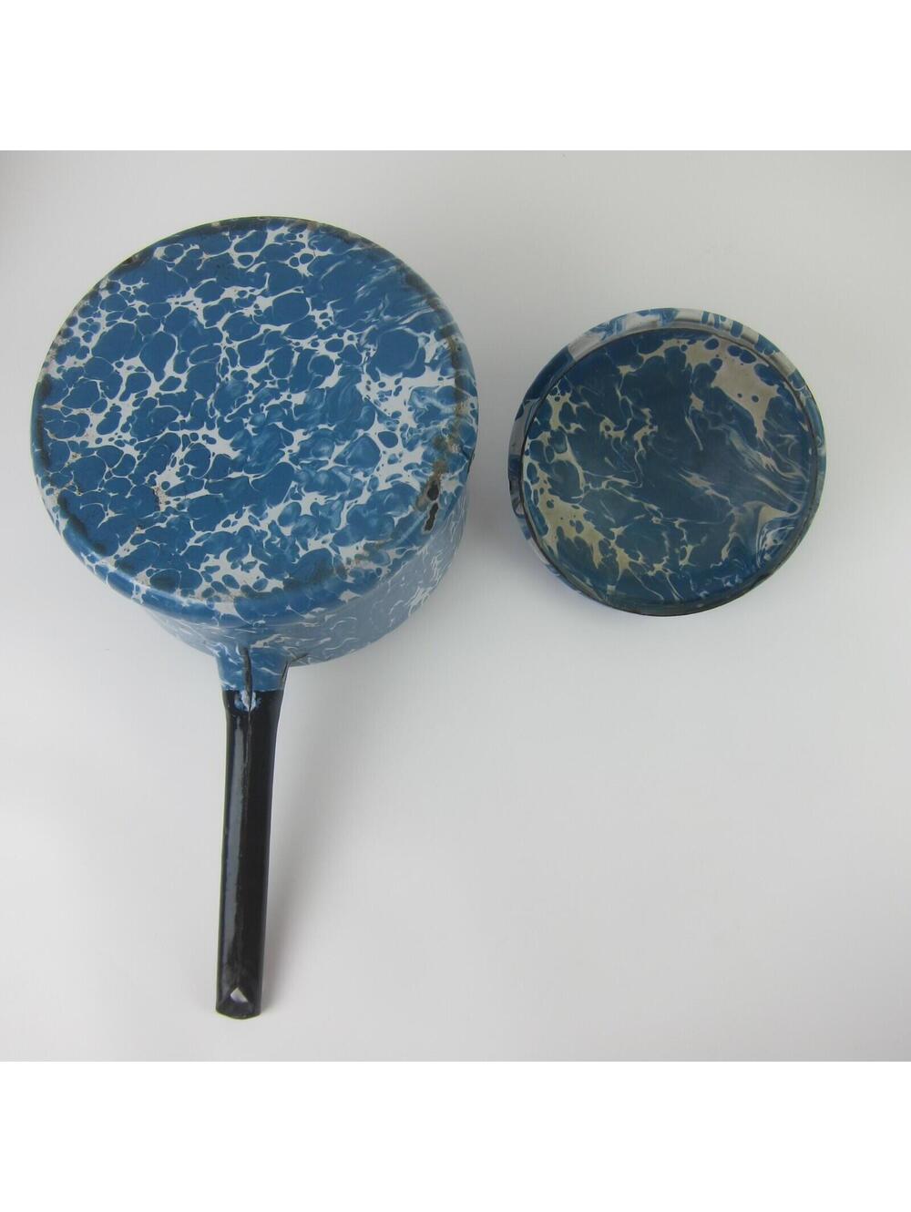 Antique Graniteware Enamelware Pot Blue & White Swirl with Lid Preserving Kettle - Picture 8 of 10